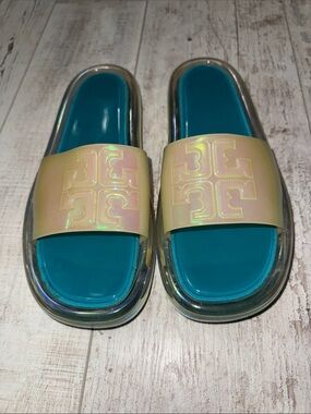 Tory Burch Iridescent Cream Jelly Slide Sandals with Teal Footbed